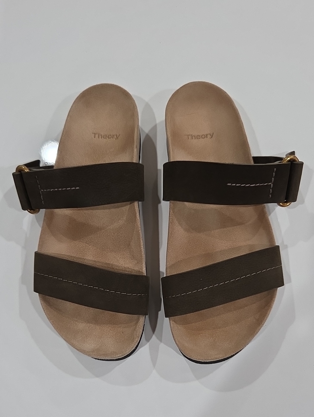 Theory Olive Green Leather Double-Strap Slides with Gold Buckles Size 37/7